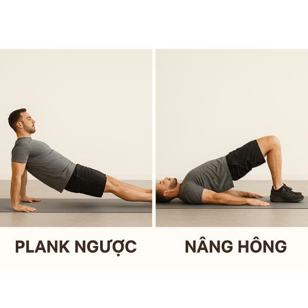 Hình ảnh minh họa các bài tập bổ trợ cho cơ sàn chậu như Plank ngược và Nâng hông, giúp chống xuất tinh sớm.